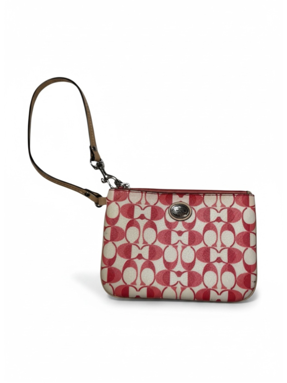 Women's Coach Signature Wristlet in Red and Pink with Tan Leather Wristlet Strap